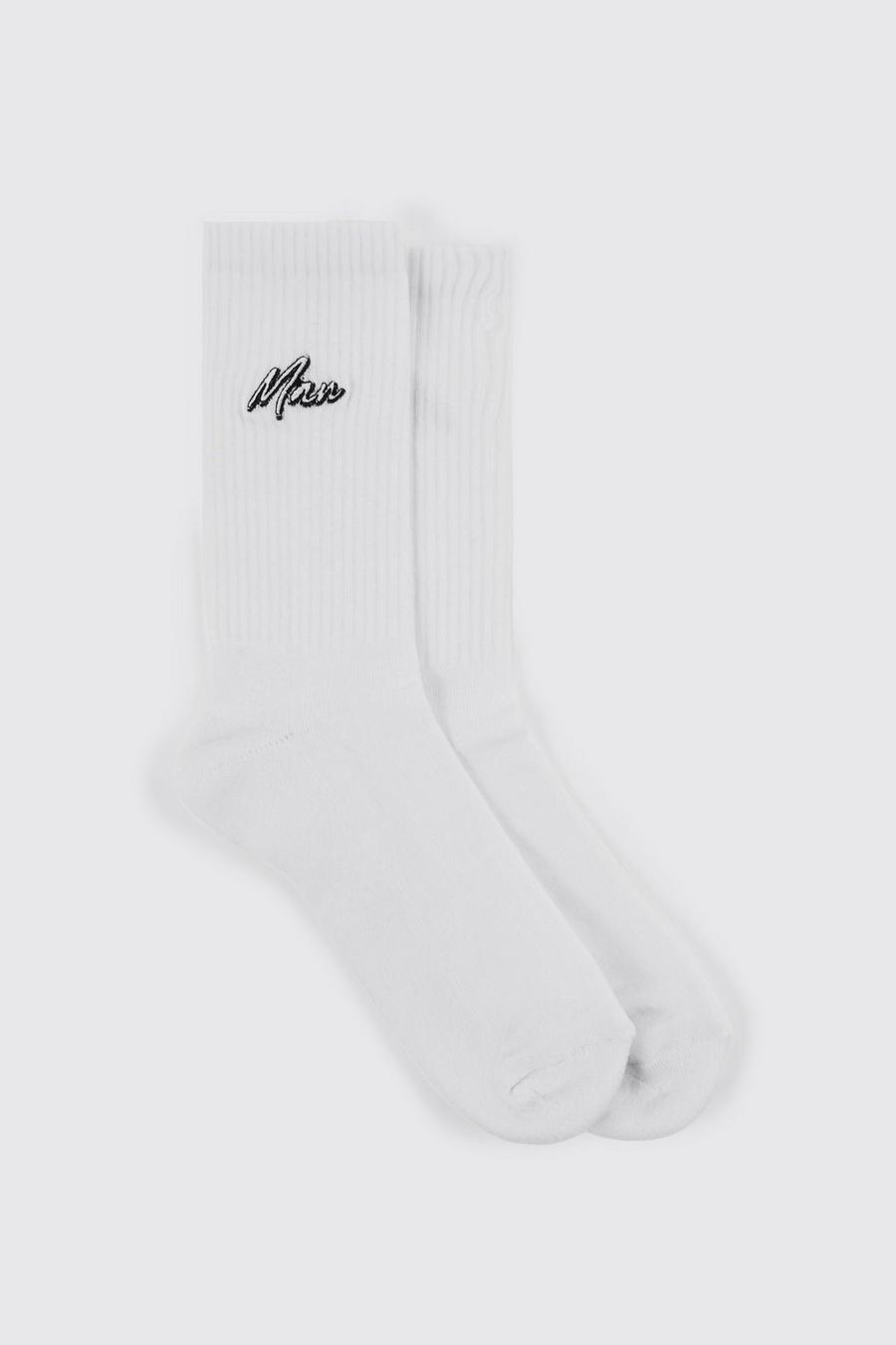 Man Script Embroidered Sports Socks, White blanco