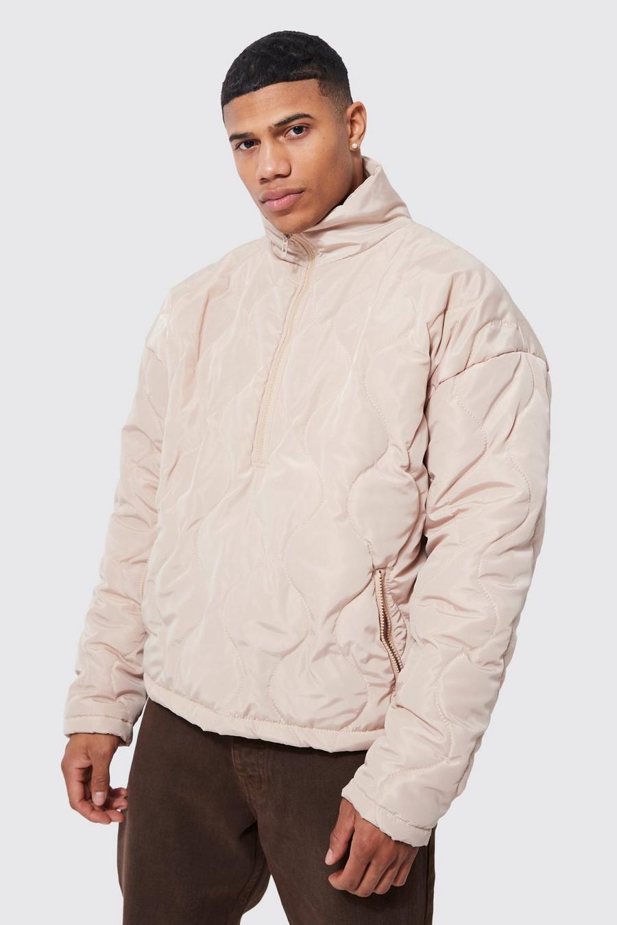 Stone beige Boxy Quilted Funnel Neck Cagoule