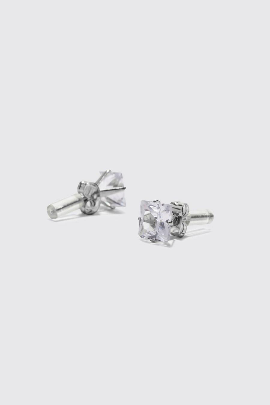 Silver 8Mm Square Stud Rhinestone Earrings