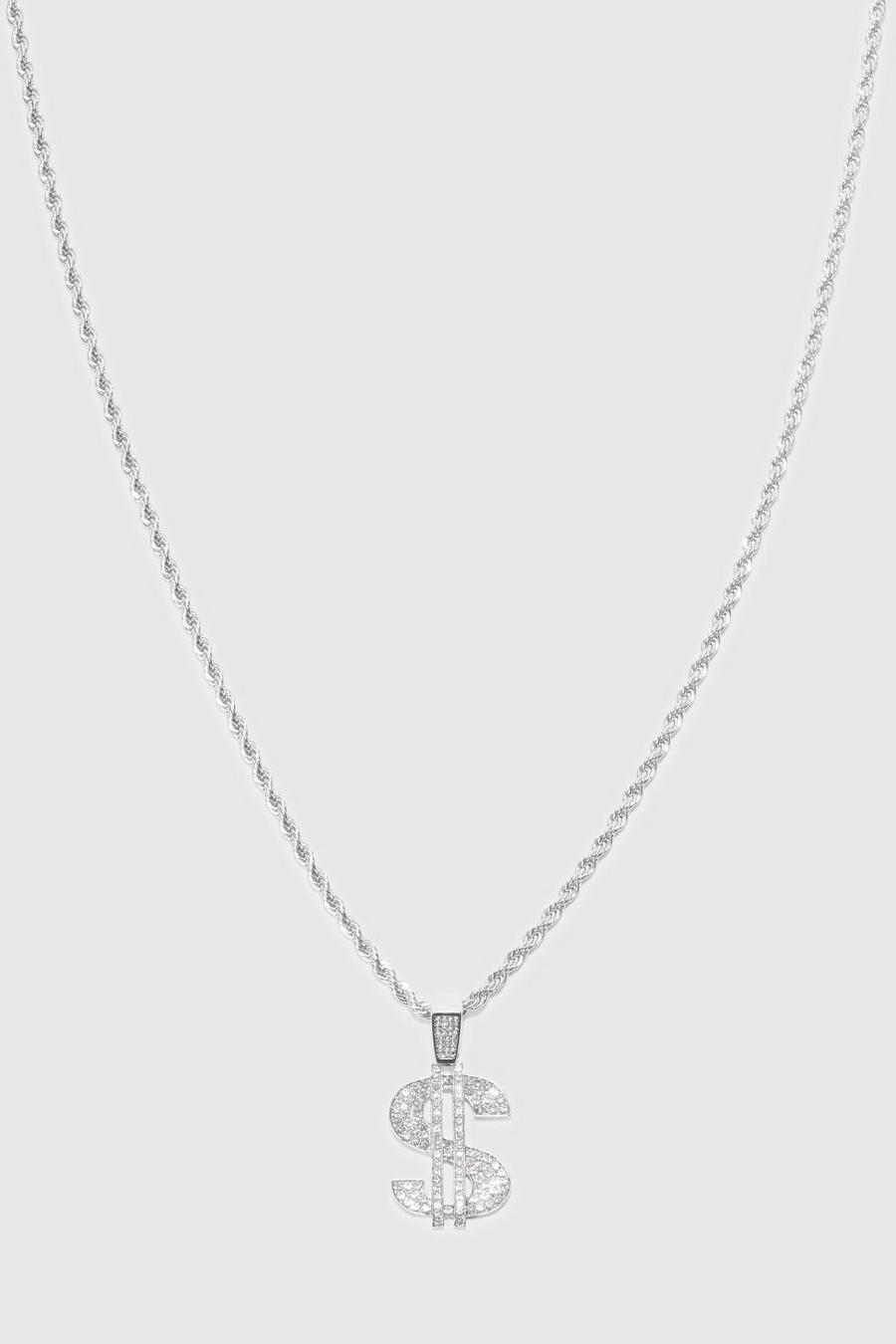 Silver Rope Chain Necklace With Iced Dollar