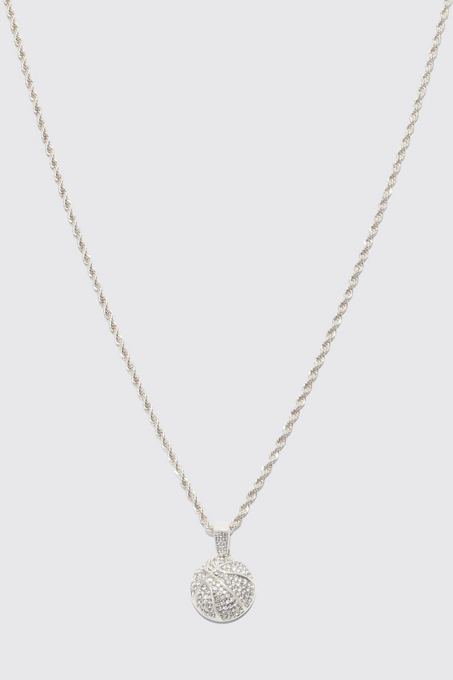 Silver argent Rope Chain Necklace With Iced Basketball