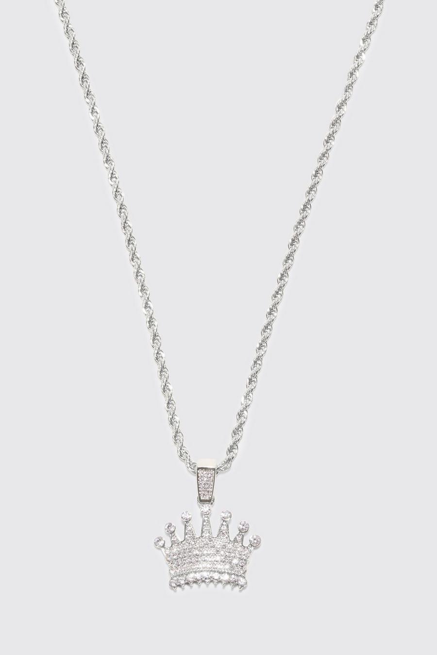 Silver Rope Chain Necklace With Iced Crown