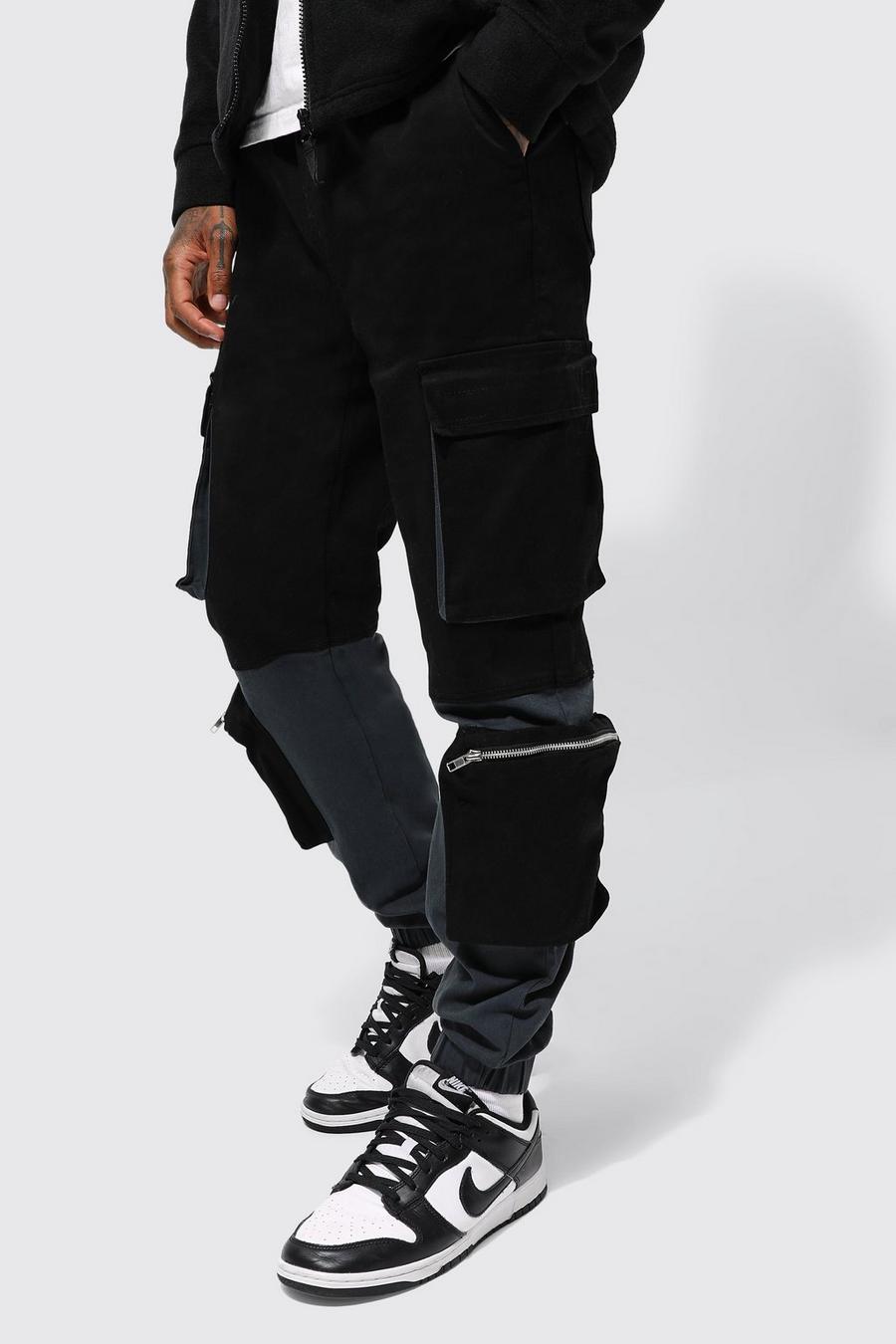 Black Elastic Waist Slim Tonal Panel Cargo Trouser  image number 1