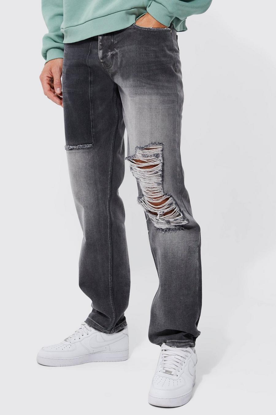 Tall Straight Fit Ripped Knee Jean , Charcoal gris