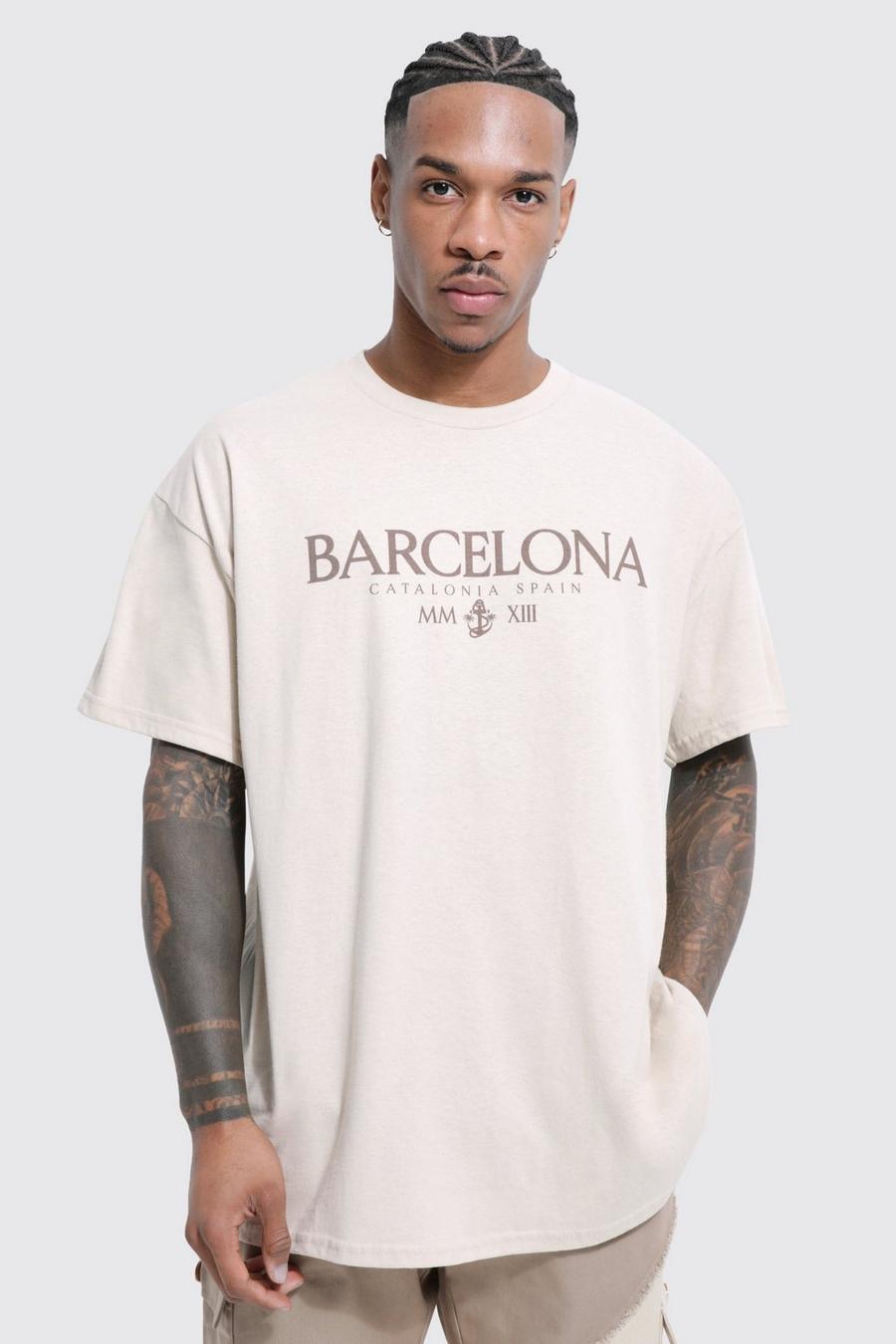 T-shirt oversize con stampa Barcelona, Sand beis