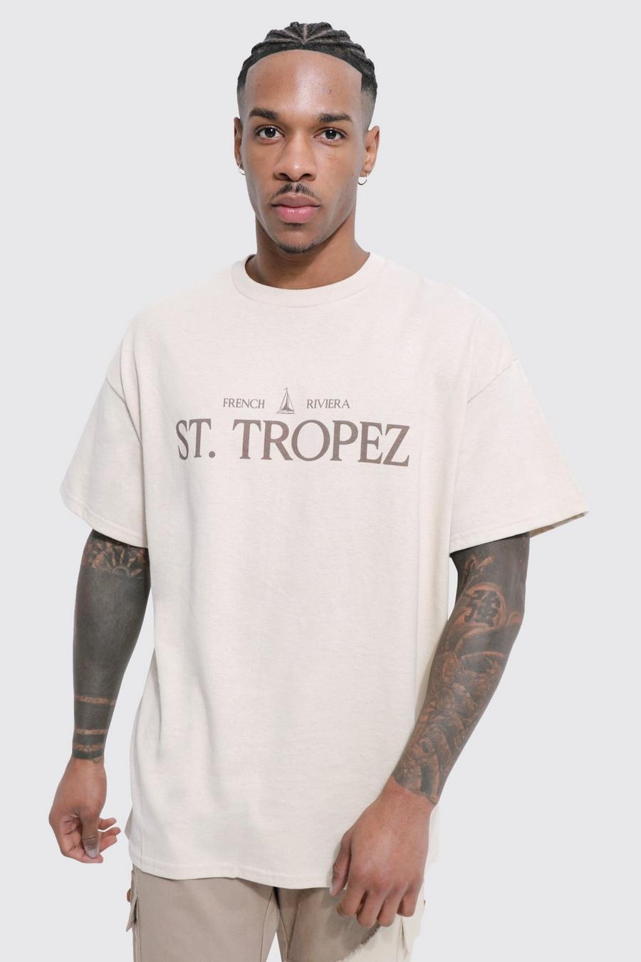 T-shirt oversize à slogan St Tropez, Sand beige