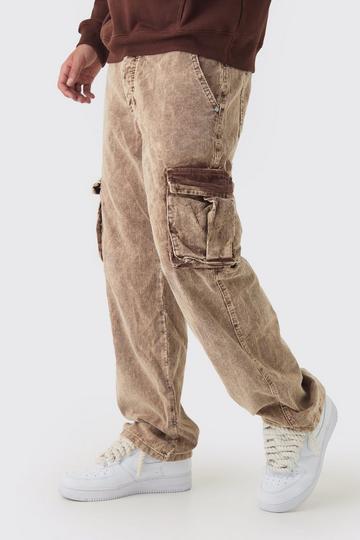 Acid Wash Cord Relaxed Fit Cargo Trousers chocolate