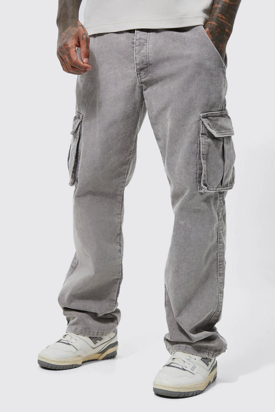 Men's Acid Wash Relaxed Cord Cargo Trousers | Boohoo UK