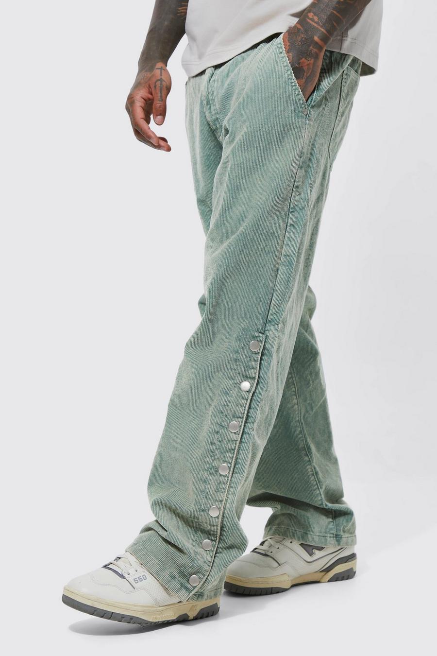 Sage Acid Wash Relaxed Fit Popper Corduroy Trousers image number 1