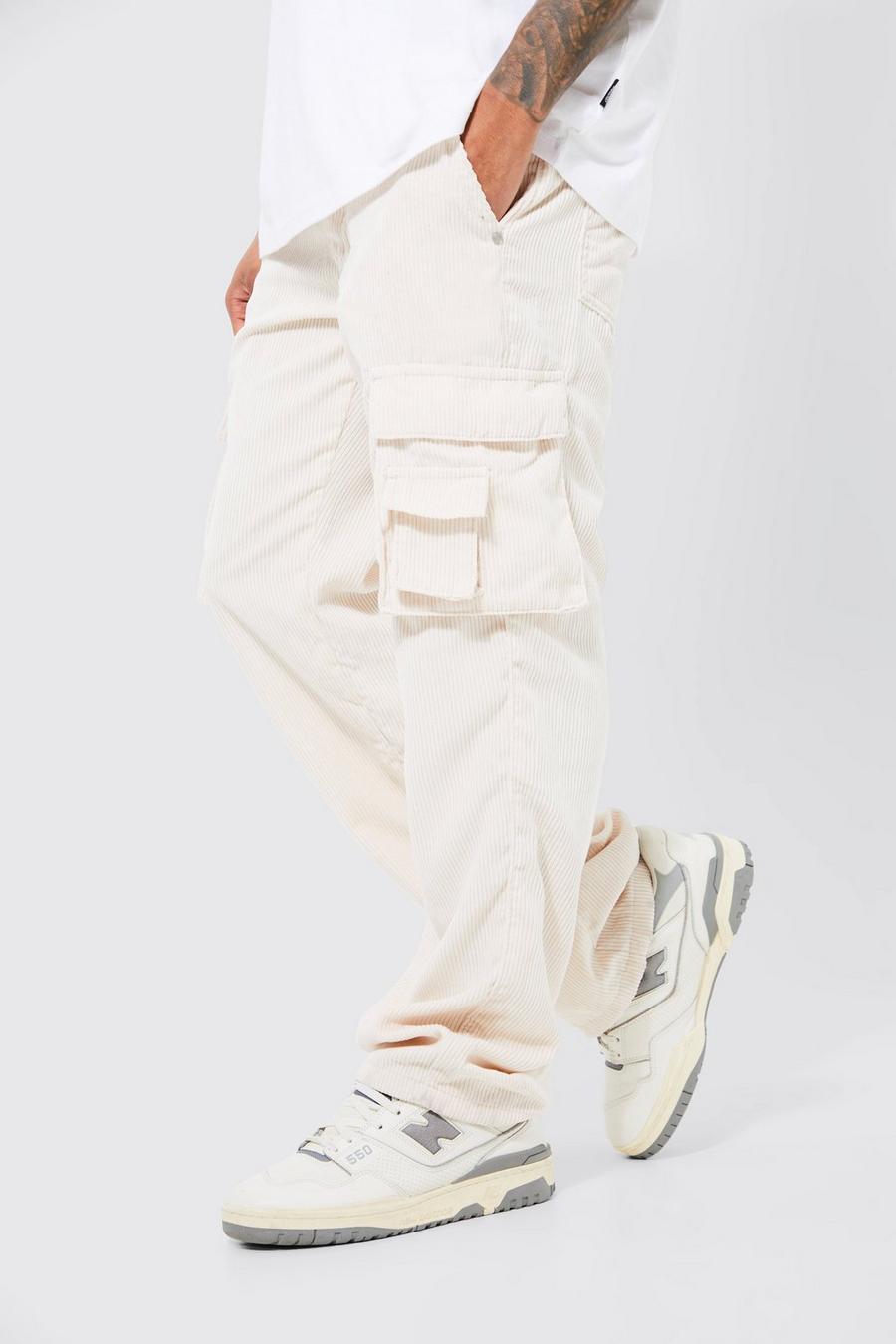 Relaxed Fit Multi Pocket Cord Cargo Trouser, Ecru blanco