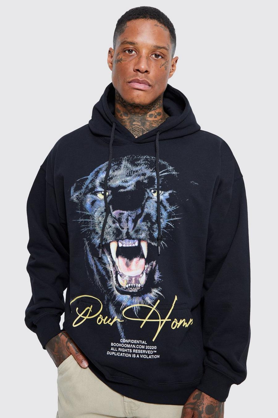 Black Oversized Leopard Graphic Hoodie image number 1