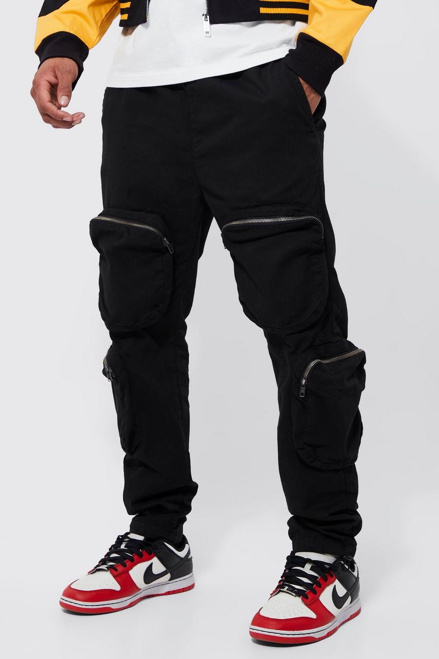 Black Elastic Waist Slim 4 Zip Pocket Cargo Pants image number 1