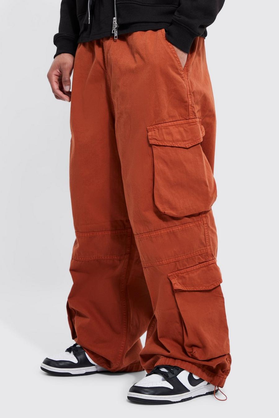 Rust Elastic Waist Multi Pocket Parachute Trousers image number 1
