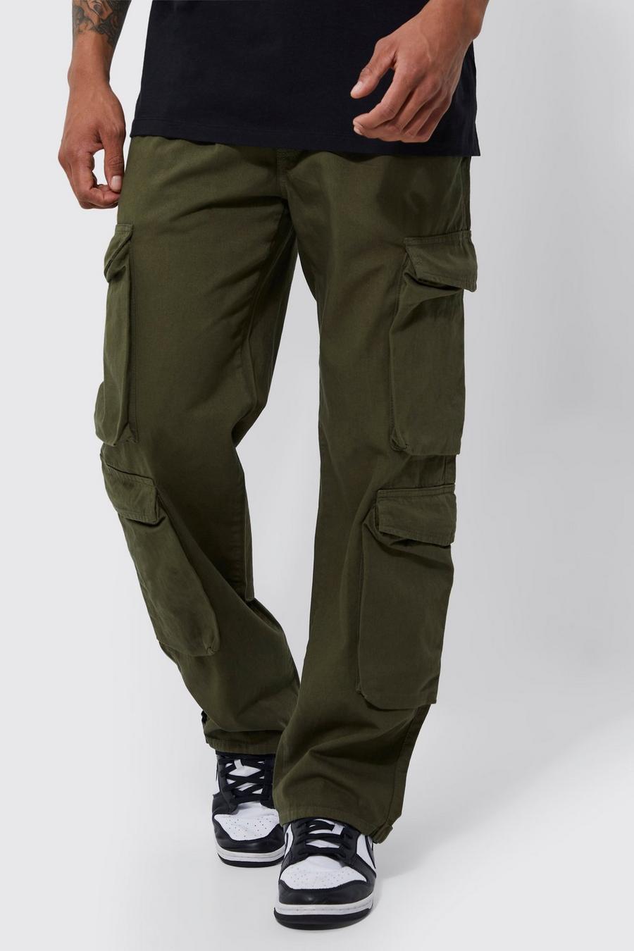 Pantalones cargo 3D de sarga aterciopelados holgados con cintura fija, Olive image number 1