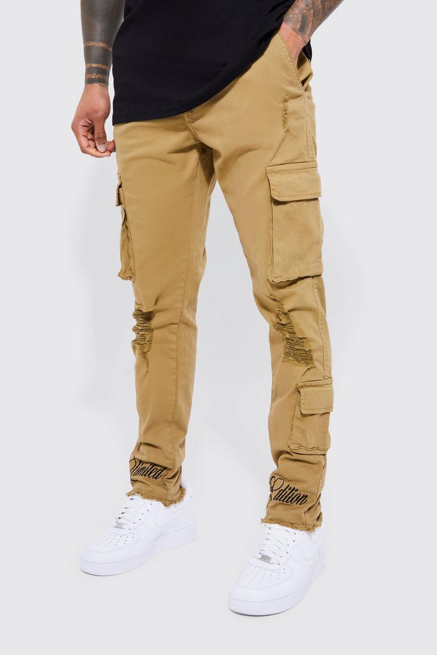 Tan Fixed Waist Skinny Rip And Embroidered Cargo Pants