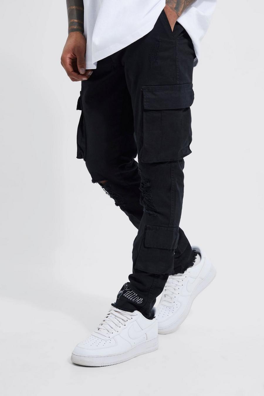 Pantalones cargo pitillo con bordado y desgarros con cintura fija, Black image number 1