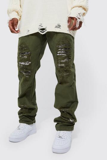 Khaki Fixed Waist Straight Stacked Camo Rip Cargo Pants