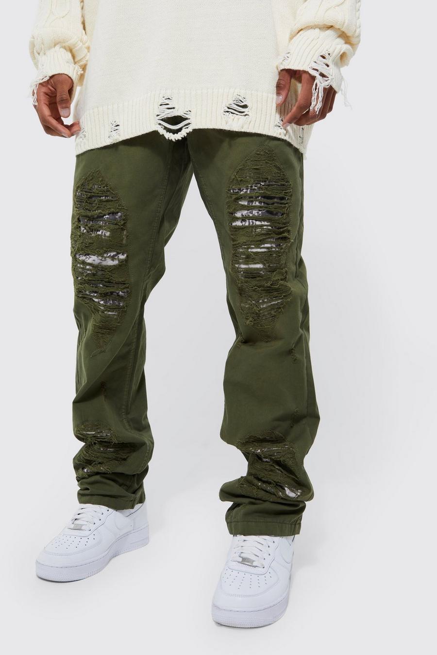 Khaki Fixed Waist Straight Stacked Camo Rip Cargo Trousers image number 1