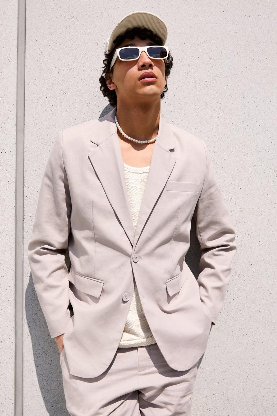 Light grey Single Breasted Relaxed Linen Suit Jacket image number 1