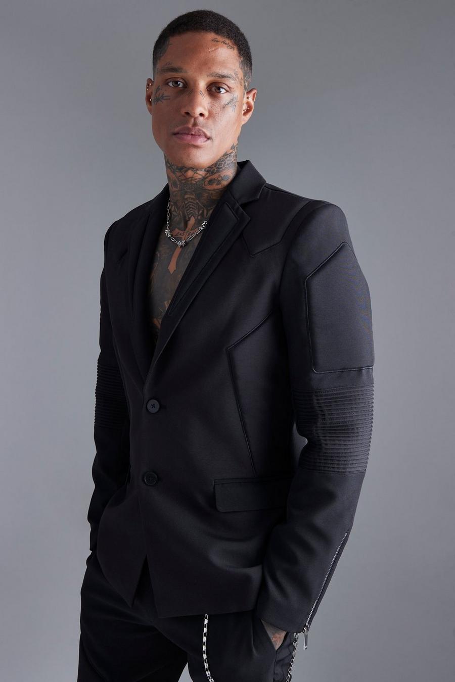 Black Single Breasted Slim Panelled Suit Jacket