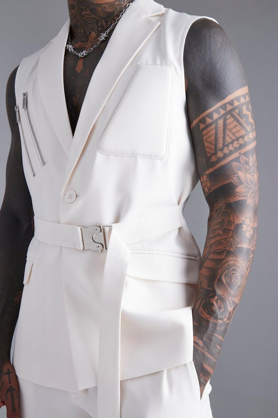 Ecru white Single Breasted Sleeveless Suit Jacket