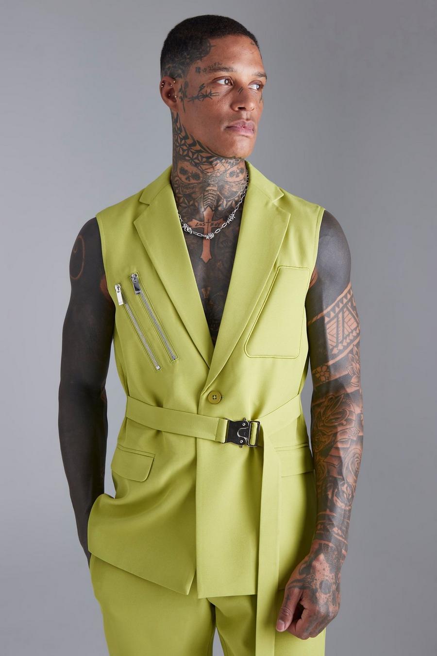 Lime green Single Breasted Sleeveless Suit Jacket