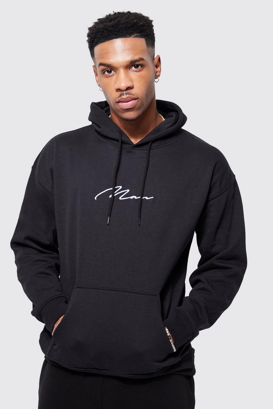 Black Oversized Man Signature Over The Head Hoodie image number 1