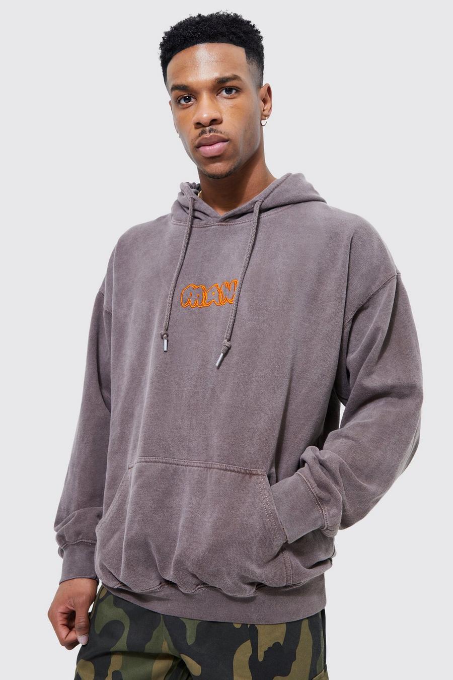 Chocolate Man Oversized Washed Bubble Embroidery Hoodie image number 1
