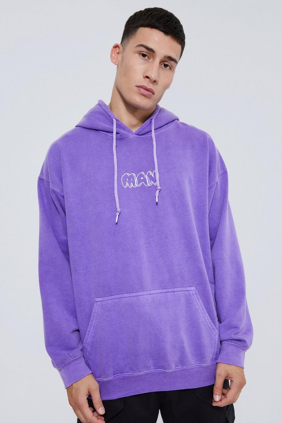 Purple Man Oversized Washed Bubble Embroidery Hoodie image number 1