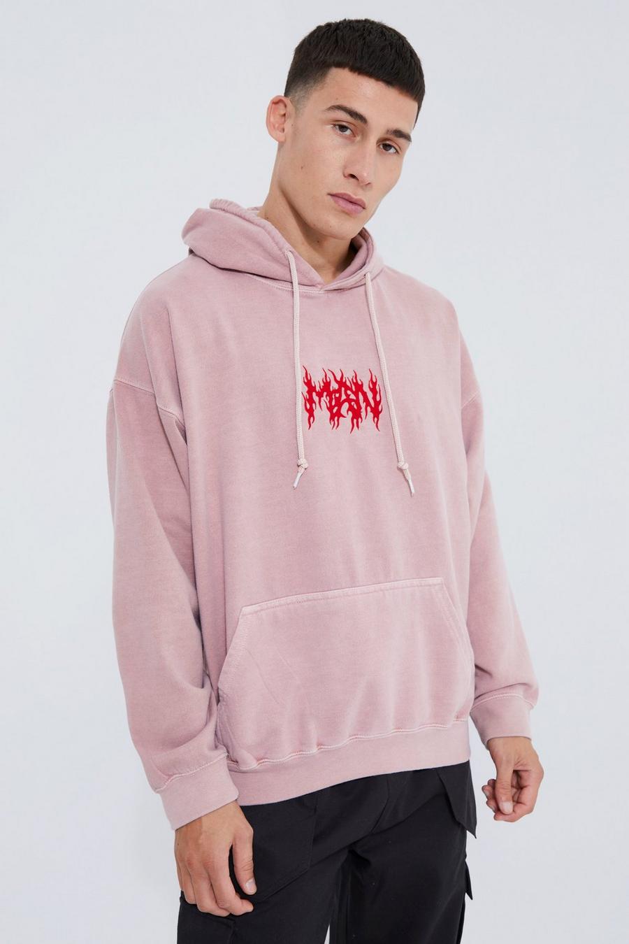 Pink Man Oversized Washed Embroidery Hoodie image number 1