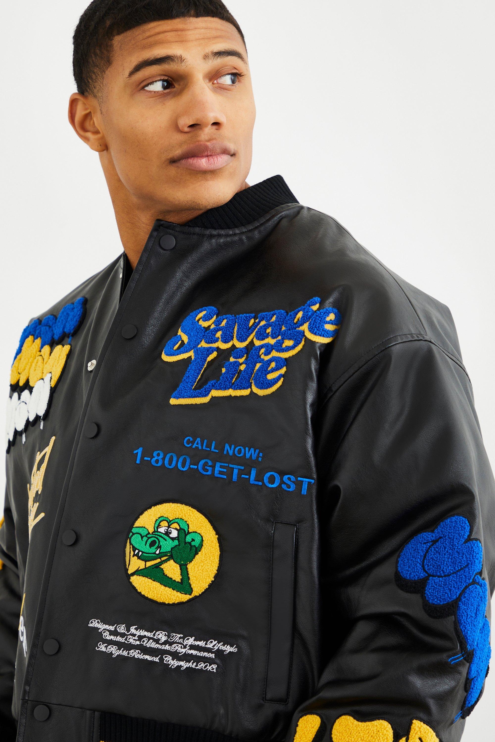 Boxy Pu Multi Badge Varsity Jacket | boohoo USA