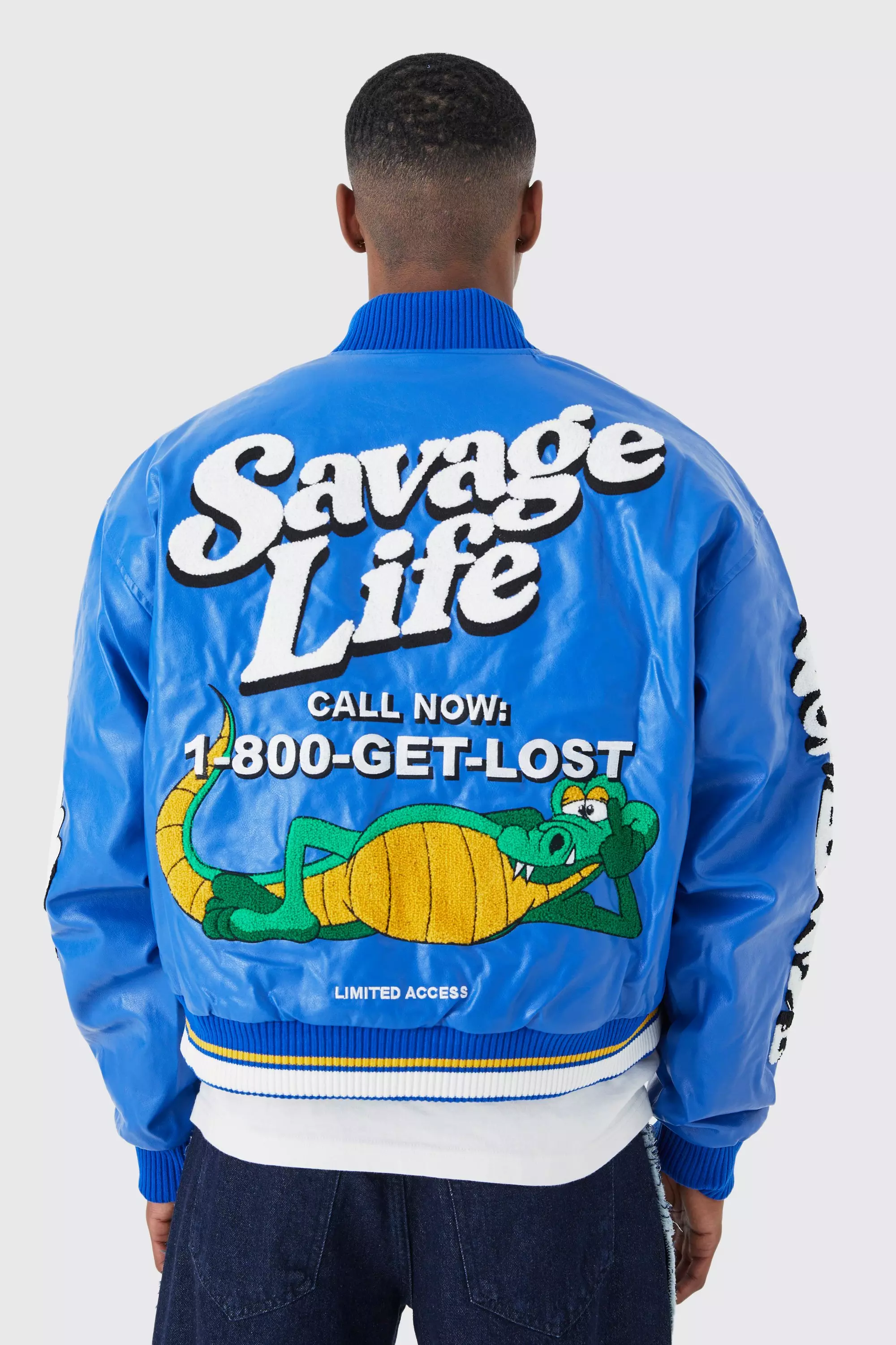 Cobalt Boxy Pu Multi Badge Varsity Jacket alternative image