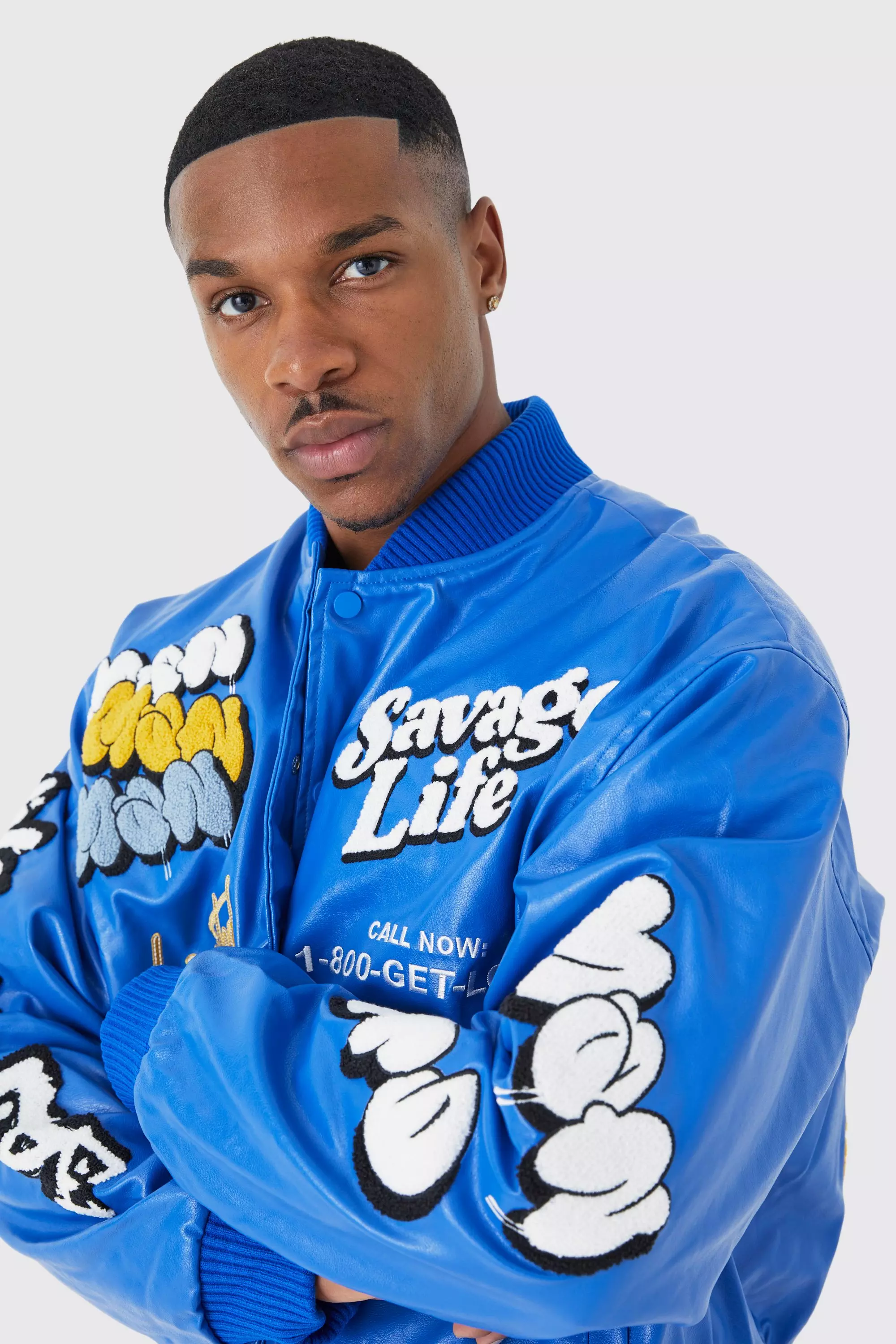 Cobalt Boxy Pu Multi Badge Varsity Jacket alternative image