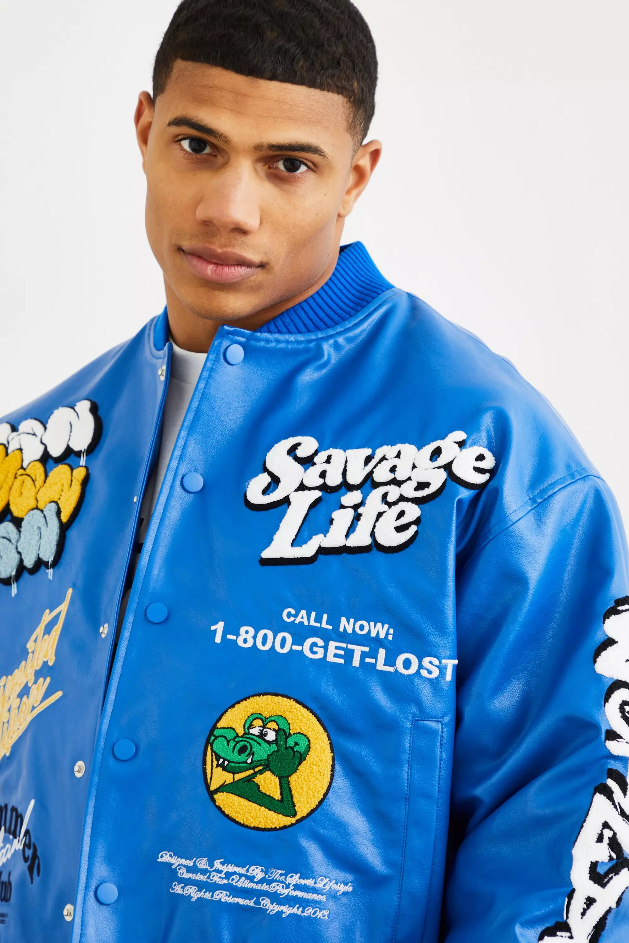 Cobalt Boxy Pu Multi Badge Varsity Jacket alternative image