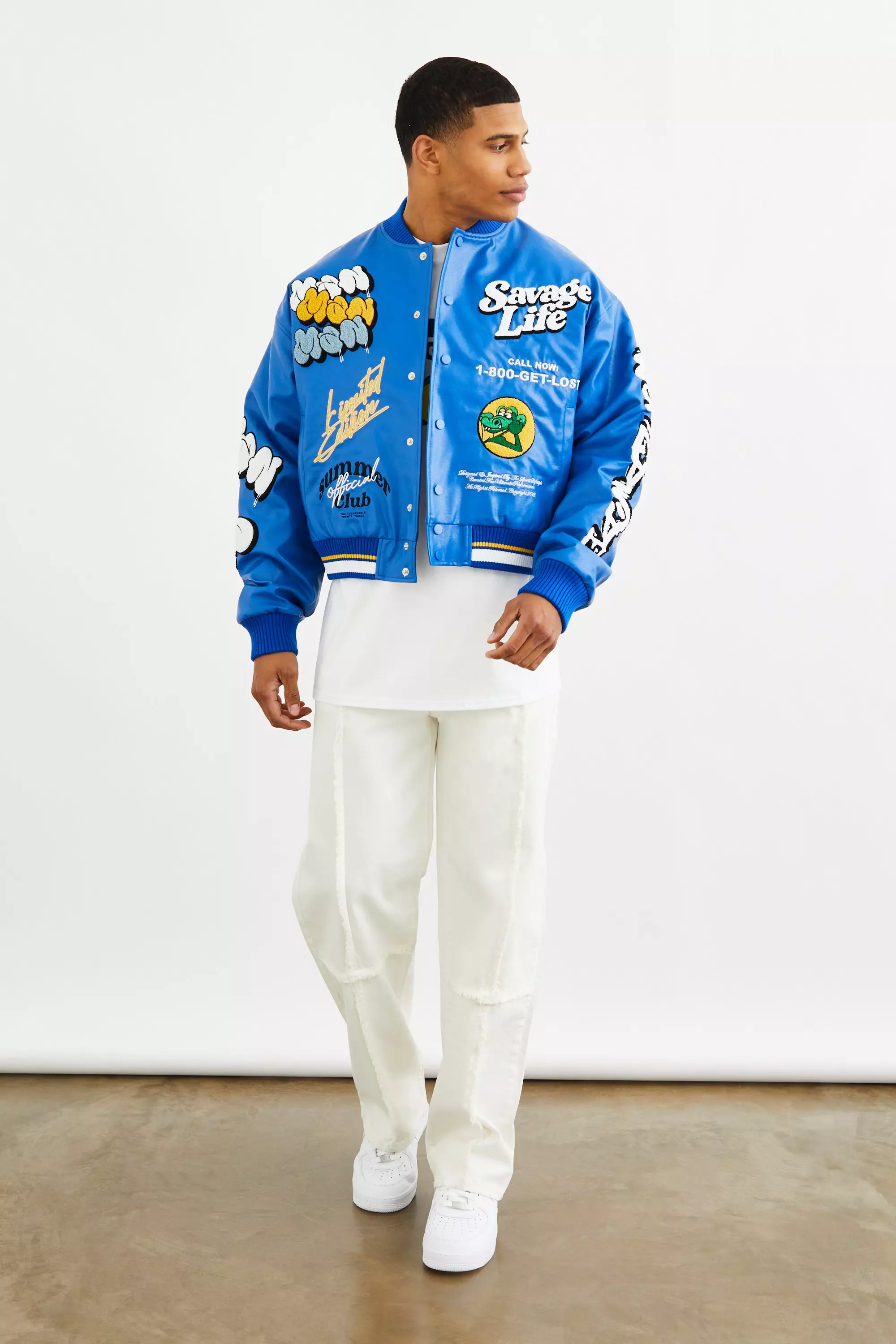 Cobalt Boxy Pu Multi Badge Varsity Jacket alternative image