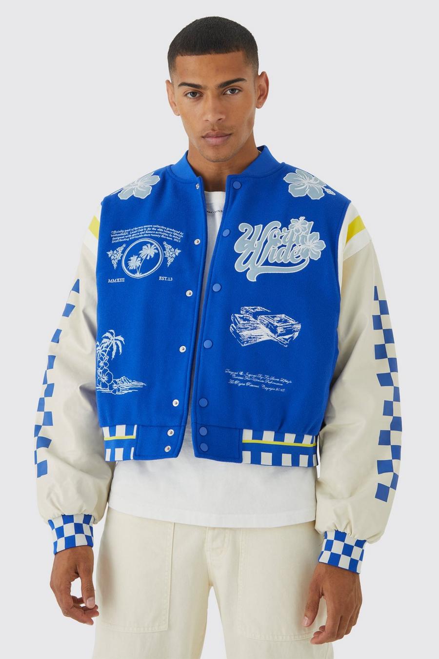 Boxy Checkerboard Melton Pu Varsity Jacket, Cobalt azzurro