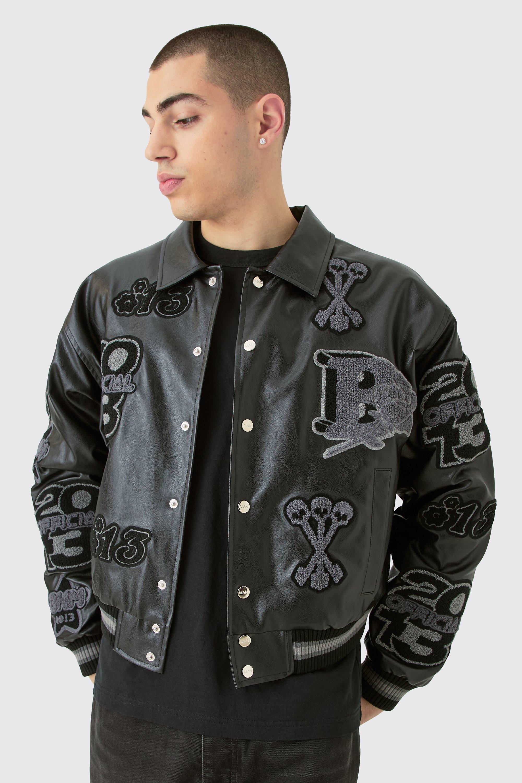 Men's Boxy Pu Tonal Badge Varsity Jacket | Boohoo UK