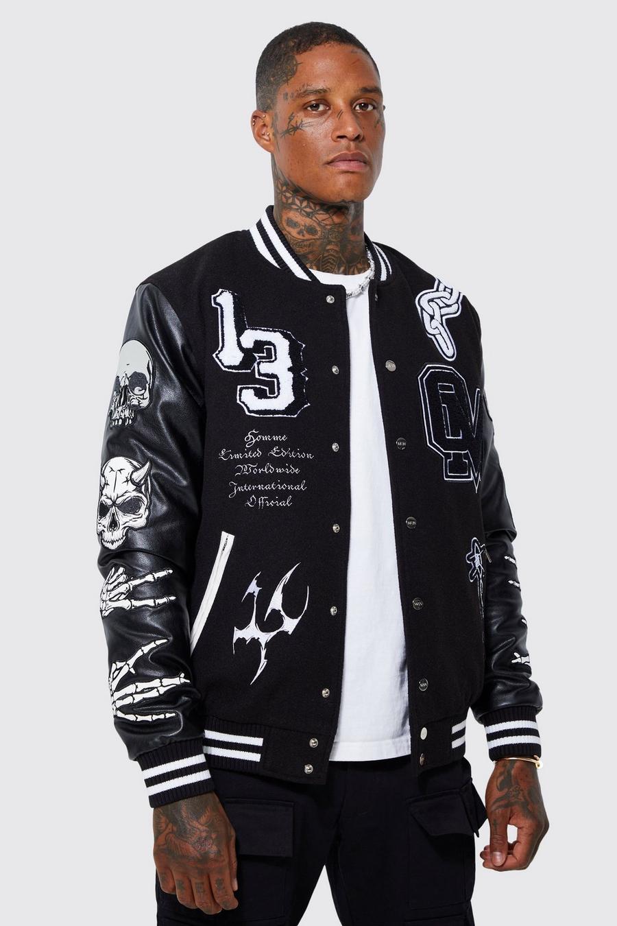 Limited Edition Skull Varsity Jacket, Black image number 1