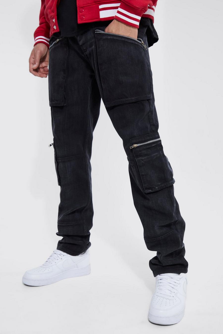 Tall gerade Cargo-Jeans mit Naht-Detail, Washed black image number 1