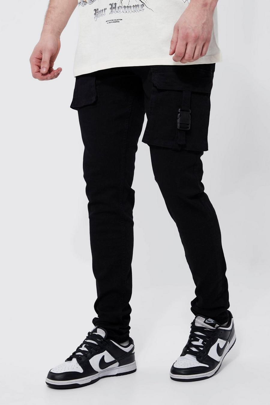 Tall Skinny Stretch Cargo-Jeans mit Schnallen-Detail, True black image number 1