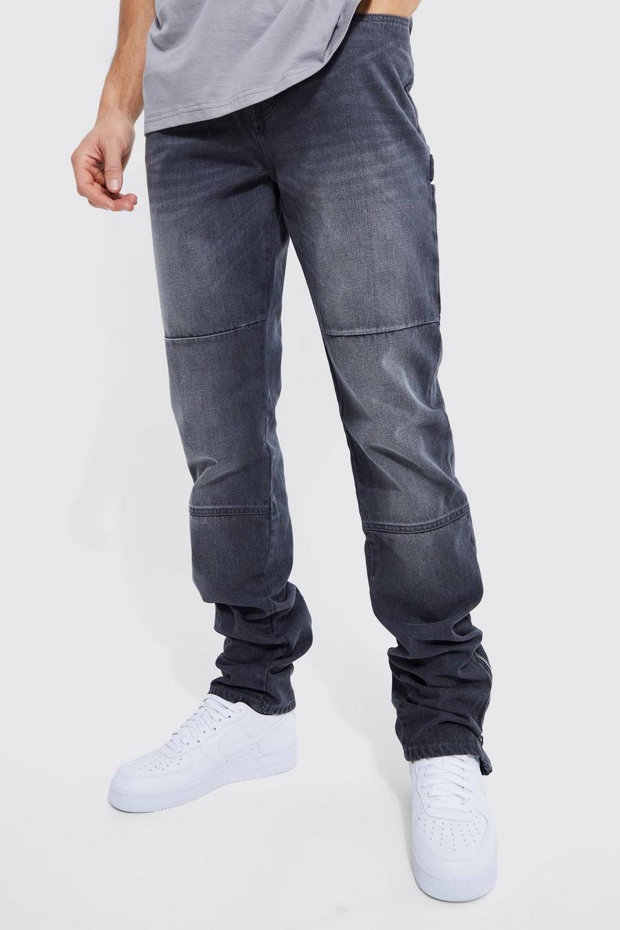 Tall Straight Fit Stacked Zip Hem Jean , Mid grey gris