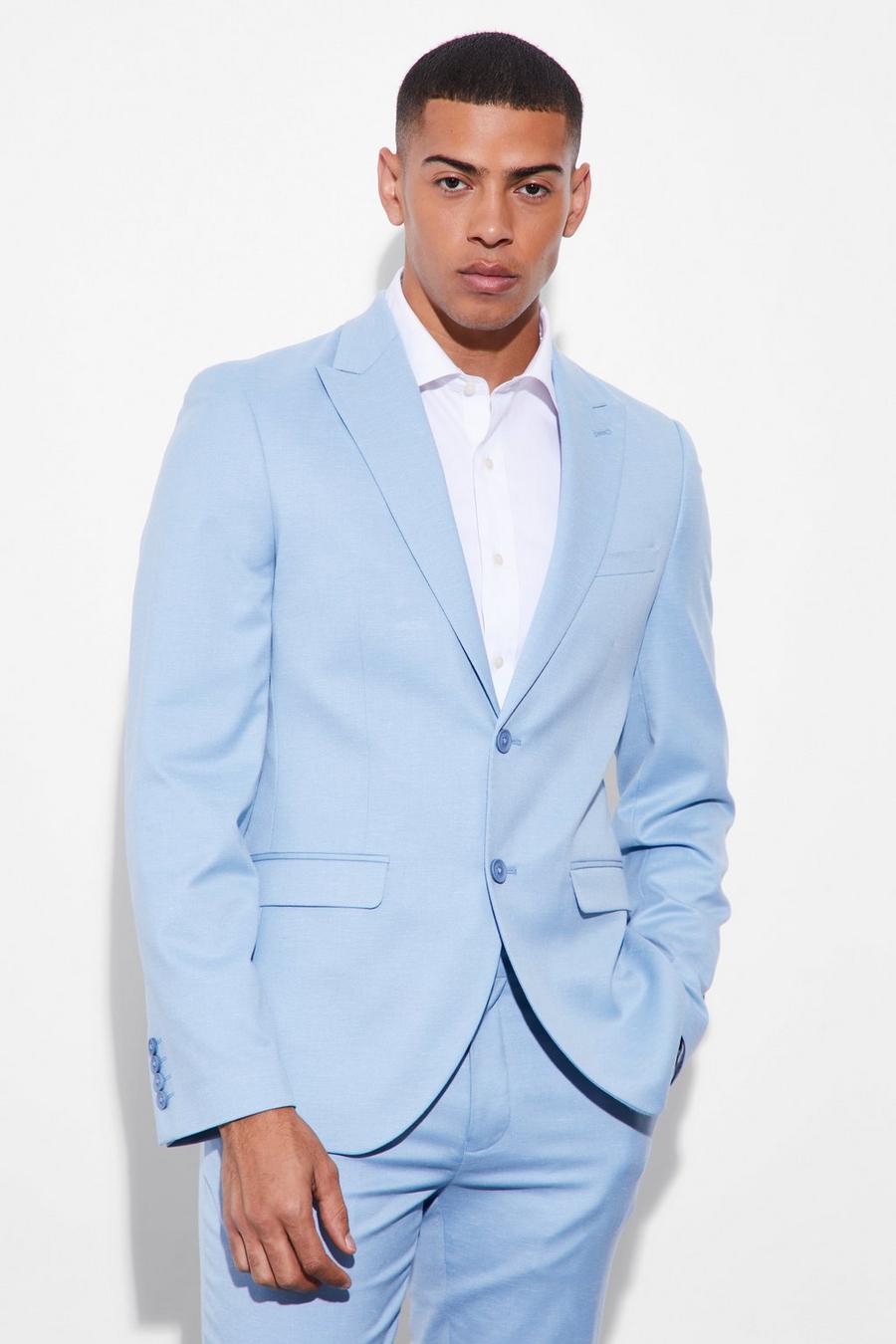 Light blue Slim Single Breasted Linen Suit Jacket