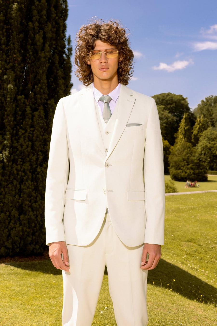 Ecru white Relaxed Single Breasted Linen Suit Jacket