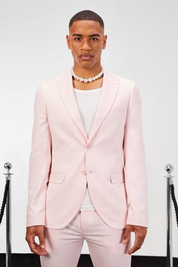 Pink Skinny Single Breasted Linen Suit Jacket