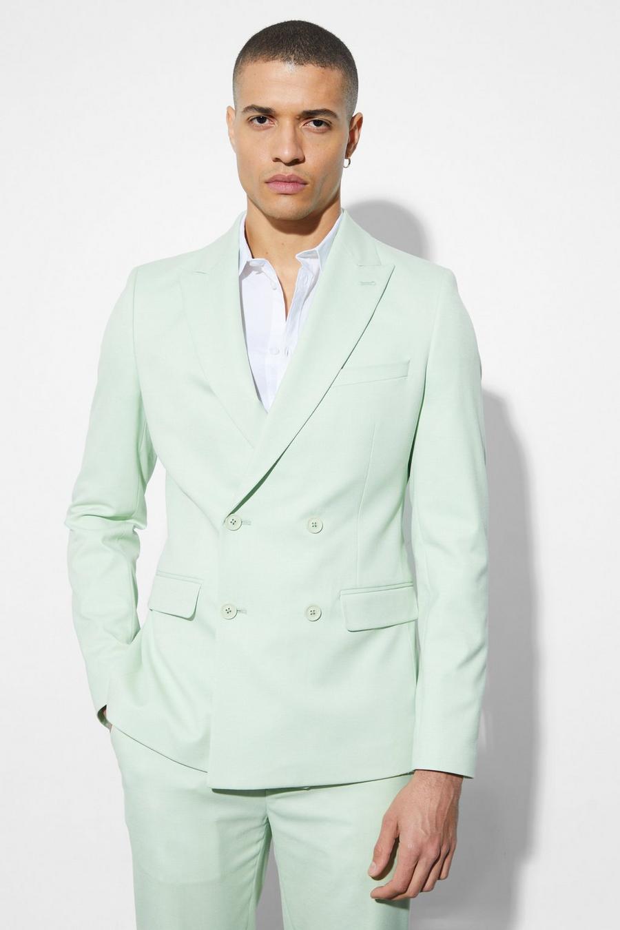 Light green Skinny Double Breasted Linen Suit Jacket