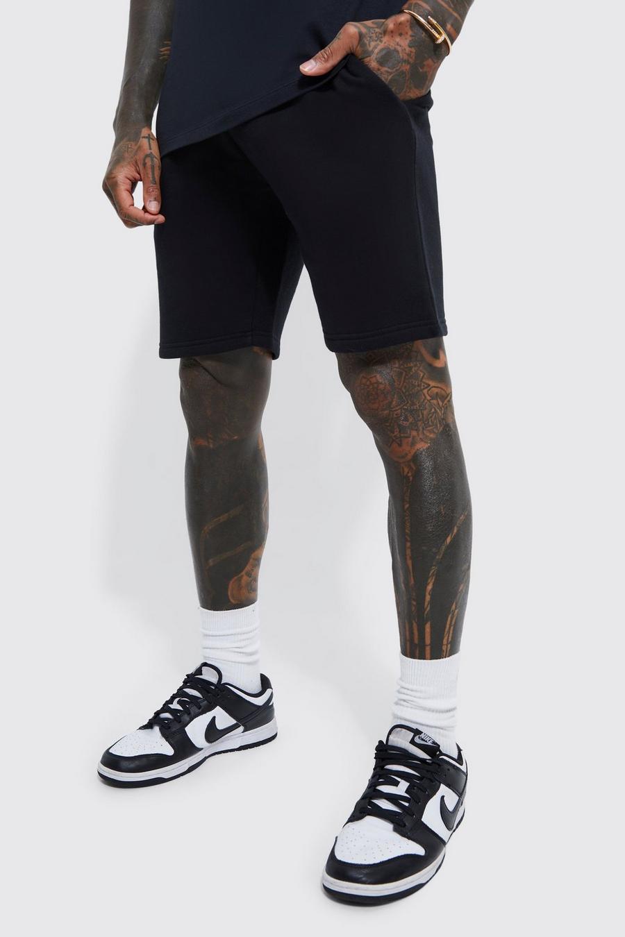 Mittellange Basic Slim-Fit Jersey-Shorts, Black