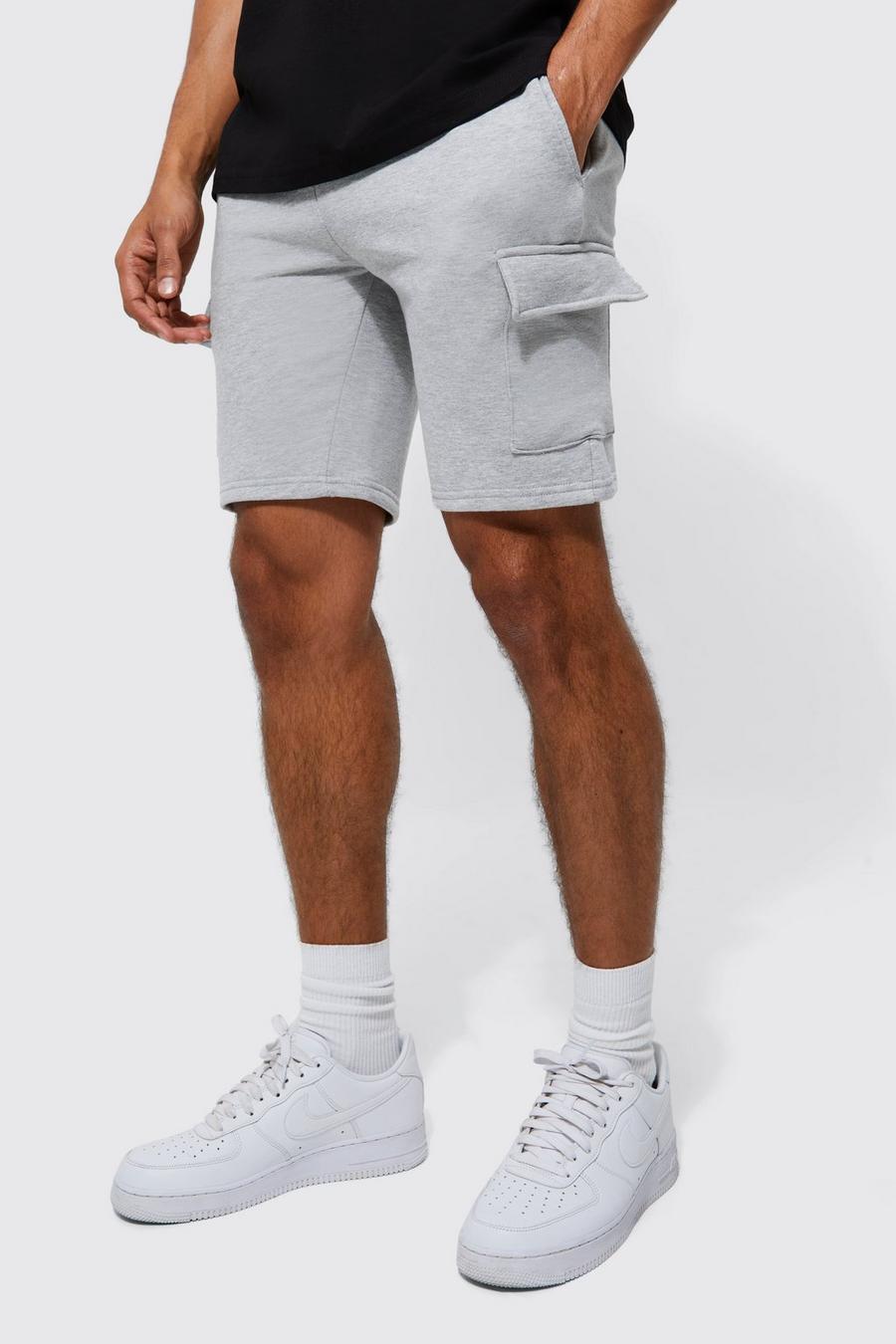 Basic Slim Fit Mid Length Jersey Cargo Short, Grey marl grigio