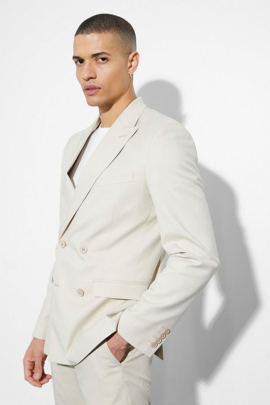Beige Skinny Double Breasted Linen Suit Jacket