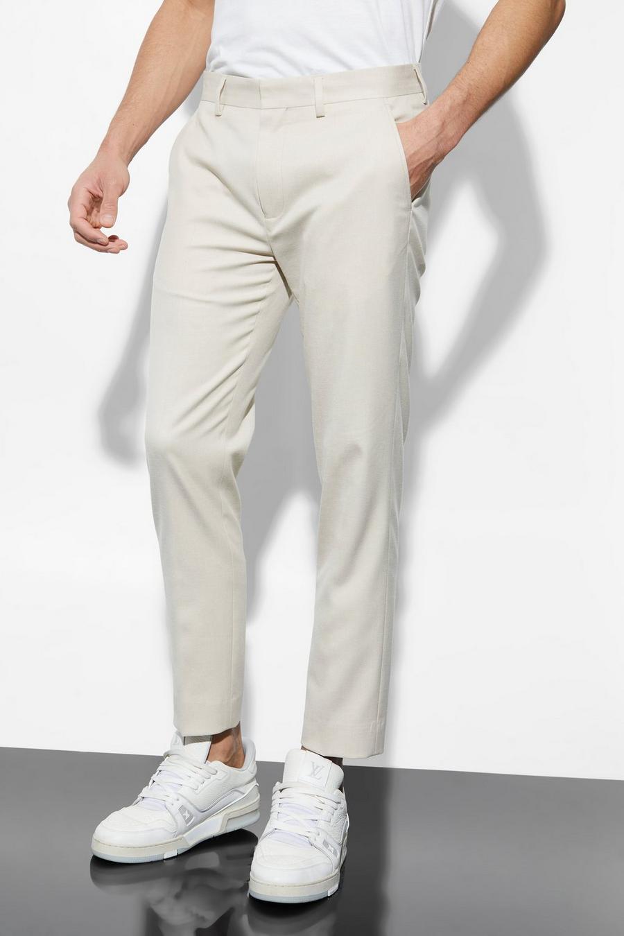 Beige Skinny Linen Crop Suit Trousers