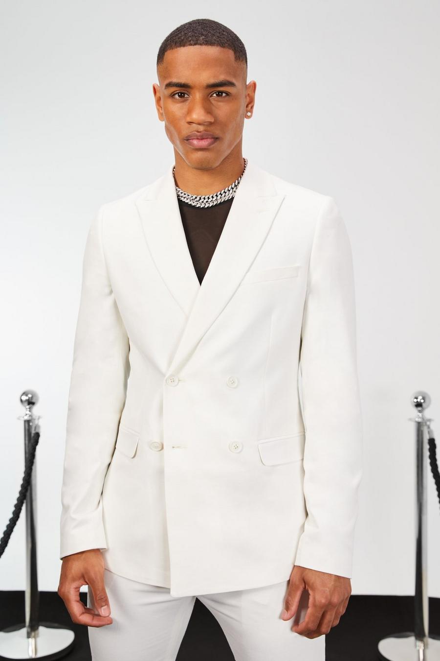 Ecru white Skinny Double Breasted Linen Suit Jacket